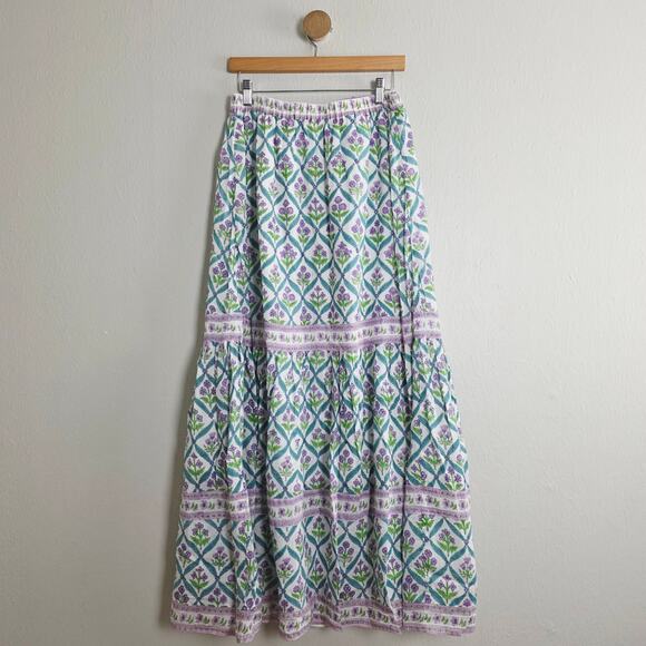 Alicia Bell Sutton Turquoise Purple Floral Silk Blend Tiered Maxi Skirt - Picture 2 of 12
